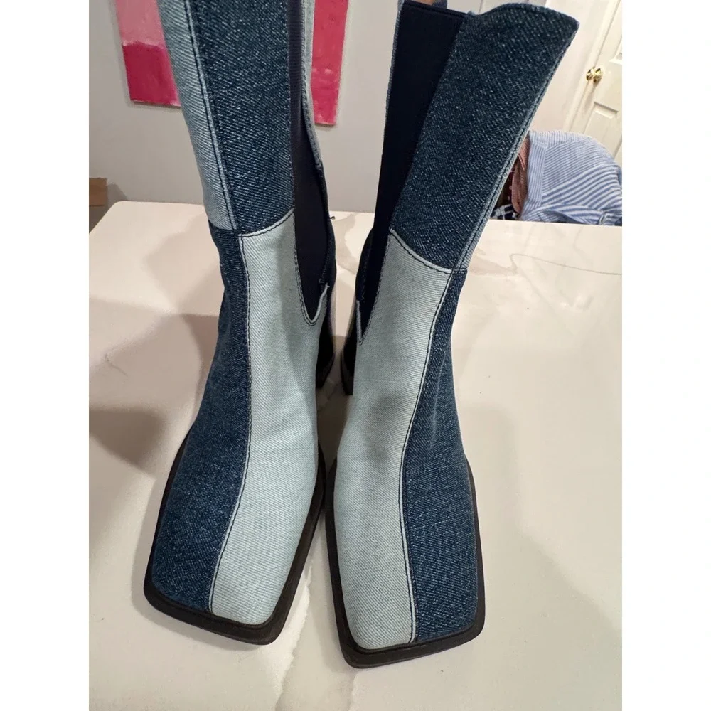 Circus by Sam Edelman Patchwork Denim Square Toe Block Heel Ankle Boots Blue 8